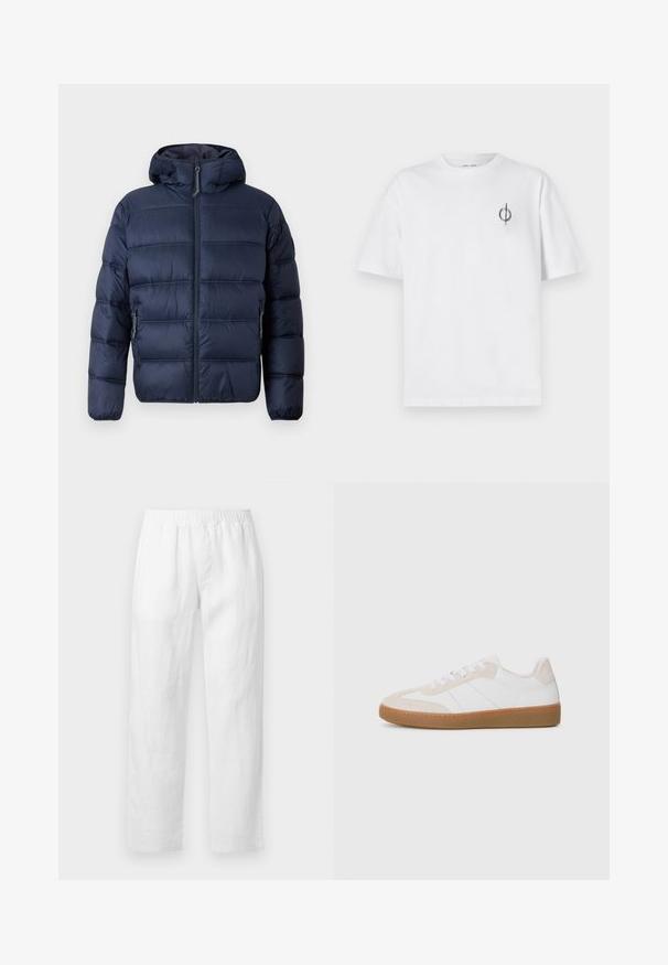 Tommy Jeans HOODED LOGO PUFFER - Téli dzseki - dark night navy; Fehér pamut póló laza szabással, kis fekete grafikai logóval a bal mellen. Rövid ujjak, kerek nyakkivágás.; Fehér lenvászon nadrág, rugalmas derékpánttal, egyenes szárú szabással és lágy tapintású anyaggal, minták vagy látható díszítőelemek nélkül.; Fehér és bézs sportcipő velúrból és bőrből készült elemekkel. Gumitalp, fűzős kialakítás, és minimalista oldalsávok jellemzik.