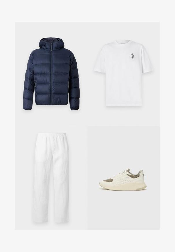 Tommy Jeans HOODED LOGO PUFFER - Casaco de inverno - dark night navy; Camisa de algodão branca com um corte relaxado, apresentando um pequeno logótipo gráfico preto na área do peito esquerdo. Mangas curtas, estilo de gola redonda.; Calças de linho branco com cintura elástica, corte reto e textura suave, sem padrões visíveis ou detalhes de ferragens.; Sapatilha atlética branca e bege claro, com parte superior em malha, detalhes perfurados e uma entressola texturizada com marcação no calcanhar.