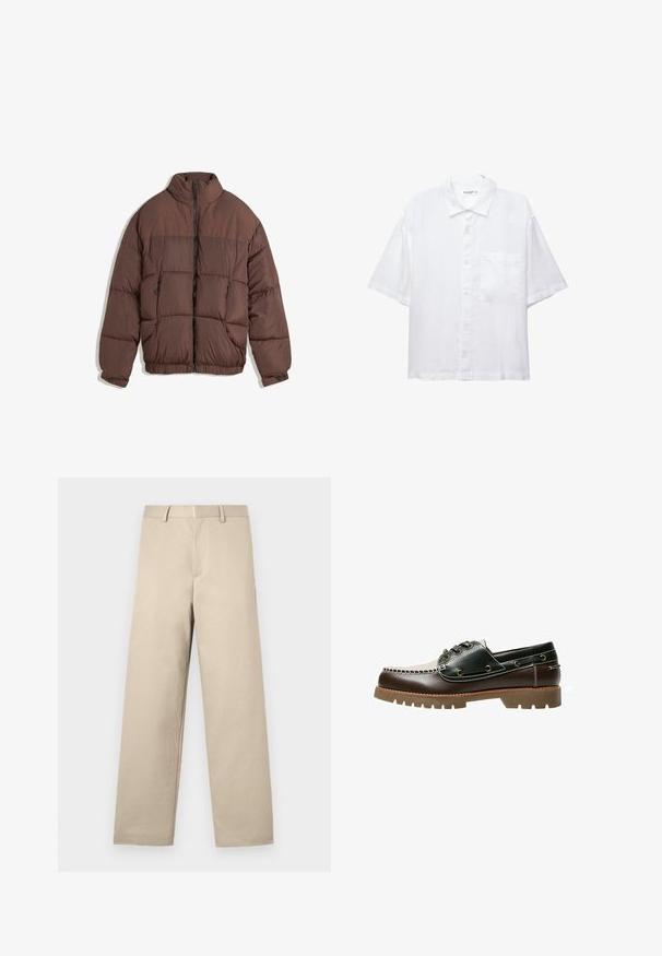 Rjava napihljiva jakna z visokim ovratnikom, zadrgo spredaj in elastičnim robom. Ima dve sprednji žepi z zadrgo in prešito zasnovo. Gladka tekstura tkanine.; Bela kratkosleeve srajca z gumbnim zapiranjem spredaj, ovratnikom in enim žepom na prsih. Narejena je iz lahkega materiala z gladko teksturo.; Bež hlače z naravnim krojem, ravnimi nogami, ravnim sprednjim delom, dvema stranskima žepoma in zadrgo. Narejene iz gladkega bombažnega materiala.; Rjave in zelene usnjene čolnarske čevlje s belim šivom, okroglicami in teksturirano gumijasto podplatko. Trajna izdelava z kovinskimi očesi.