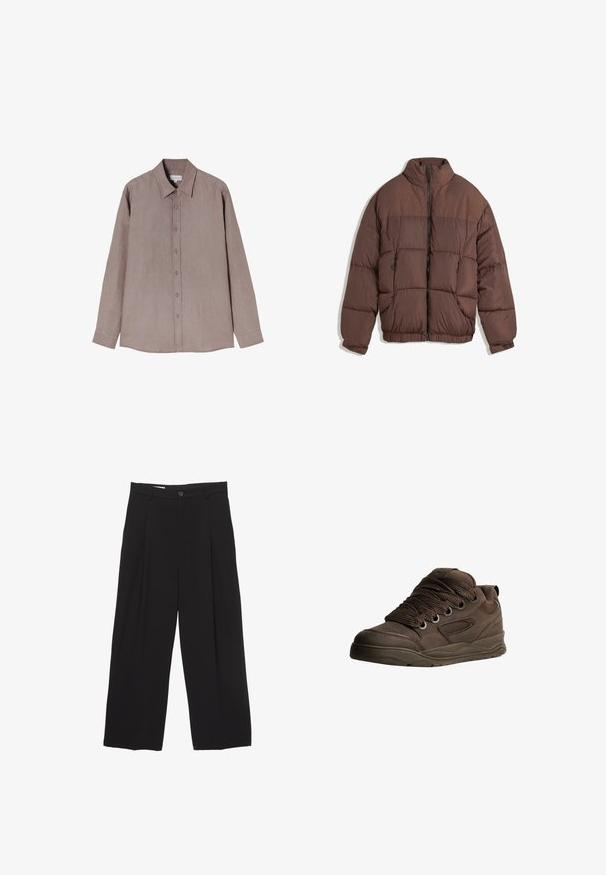 Braune Steppjacke mit hohem Kragen, Reißverschluss vorne und elastischem Saum. Verfügt über zwei vordere Reißverschlusstaschen und ein gestepptes Design. Glatte Stoffoberfläche.; Langärmliges Hemd in einem gedämpften Braunton, gefertigt aus strukturiertem Stoff. Hat einen kragenförmigen Ausschnitt und eine durchgehende Knopfleiste mit grauen Knöpfen.; Schwarze weit geschnittene Hose aus glattem Stoff, mit flachem Taillenbund, vorderen Falten und einer einzigen Knopfverschlus.; Braune Sportschuhe aus glattem synthetischem Material. Mit dicken Schnürsenkeln, Mesh-Akzenten, gepolstertem Schaft und strukturiertem Gummisohle.