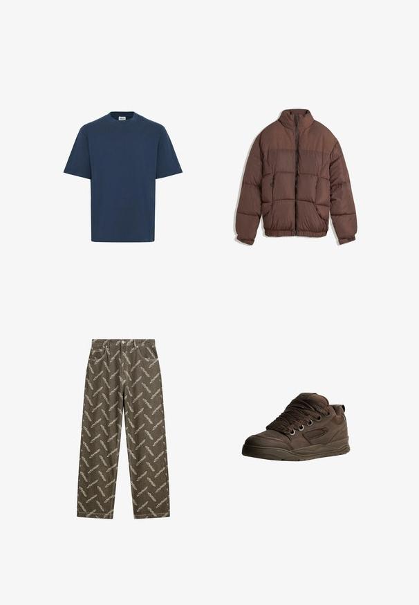 Brun puffer-jakke med høj krave, lynlås foran og elastisk kant. Har to forreste lynlåslommer og et quiltet design. Glat stof tekstur.; Marineblå bomulds T-shirt med rund hals, korte ærmer og lige kant. Har et lille mærke på nederste venstre side.; Khaki denimbukser med et helt overflade mønster af fjer i lys beige. Løs pasform med standardlommer og kontrastsyning.; Brune sportsko lavet af glat syntetisk materiale. Har tykke snørebånd, mesh-detaljer, polstret krave og struktureret gummisål.