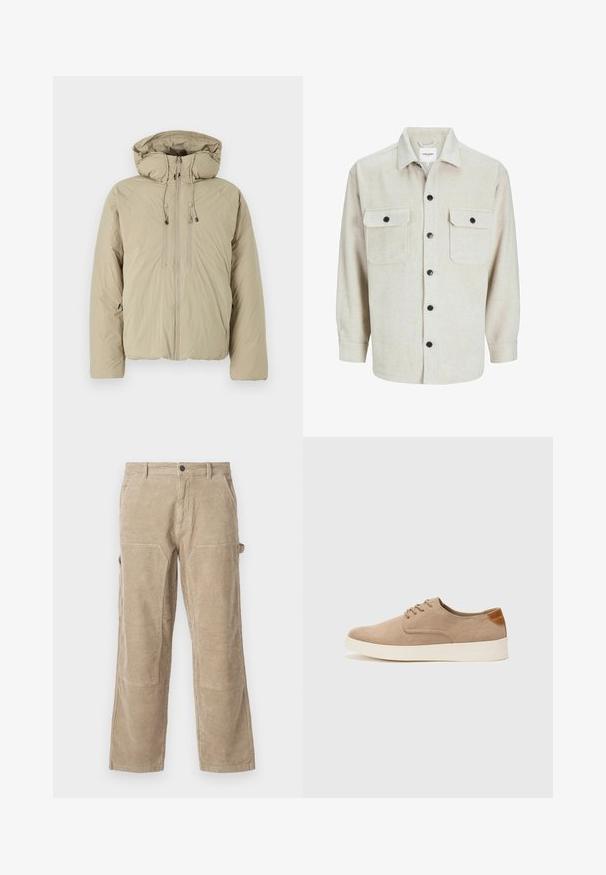 Beige puffer jacket with a hood, featuring a front zipper, elastic drawstrings, and side pockets. Constructed from lightweight, textured fabric.; Beige flannel shirt with a collared neckline, featuring two chest pockets, black buttons, and long sleeves with buttoned cuffs.; Beige corduroy trousers with a straight leg, featuring side pockets and reinforced knee patches. Textured fabric with vertical ribbing.; Beige suede sneakers with a rounded toe, lace-up front, and a textured back accent. White rubber sole provides contrast. Simple and modern design.