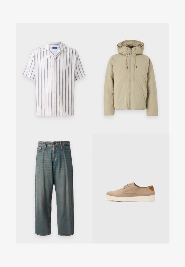 Béžová zateplená bunda s kapucí, která má přední zip, elastické šnůrky a boční kapsy. Vyrobena z lehkého, strukturovaného materiálu.; Hedvábná košile s krátkým rukávem v krémové barvě s námořnickými vertikálními pruhy. Vyrobena z texturované tkaniny, vybavena předním zapínáním na knoflíky.; Světle modré denimové džíny s volným střihem, středně vysokým pasem a rovnými nohavicemi. Obsahují pět kapes, poutka na opasek a zapínání na knoflík.; Béžové semišové tenisky s kulatou špičkou, šněrováním vpředu a texturovaným zadním akcentem. Bílá gumová podrážka poskytuje kontrast. Jednoduchý a moderní design.