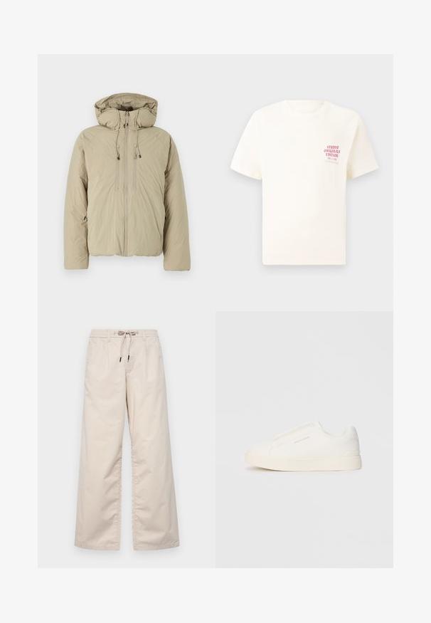 Beige puffer jakk, millel on kapuuts, ees lukuga, elastsete tõmblukkude ja küljetaskutega. Valmistatud kerge tekstuuriga kangast.; Valge lühikeste varrukatega T-särk, millel on vasakul rinnal punane tekst "Studio Originals Edition", esitatud neutraalsel hallil taustal.; Heledad nagu beez värvi laiad püksid, millel on elastne vöökoht ja pael. Sile puuvillane kangas koos kahe esiti intrigeeriva voltimisega ja ilma nähtavate taskuteta.; Valged libisemiskindlad tossud tekstuuriga pinnaga, paksu tallaga ja minimalistikus disainis. Küljel on brändi logo.