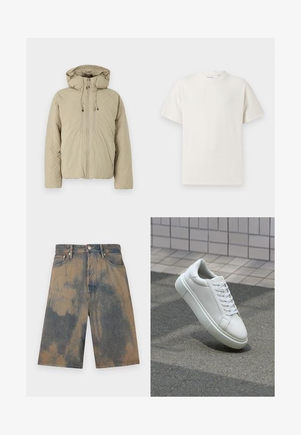 Béžová zateplená bunda s kapucí, která má přední zip, elastické šnůrky a boční kapsy. Vyrobena z lehkého, strukturovaného materiálu.; Bílý krátký rukáv tričko s pružnou strukturou. Kulatý výstřih, volný střih, bez viditelných vzorů nebo detailů. Jednoduchý a univerzální design.; Denimové šortky s vybledlým modro-bežovým batikovaným efektem, které mají klasický pětikapsový design a kovové detaily.; Bílé kožené tenisky s hladkým povrchem, kulatou špičkou a plochými bílými tkaničkami. Disponují texturovanou gumovou podrážkou a minimálními designovými prvky.