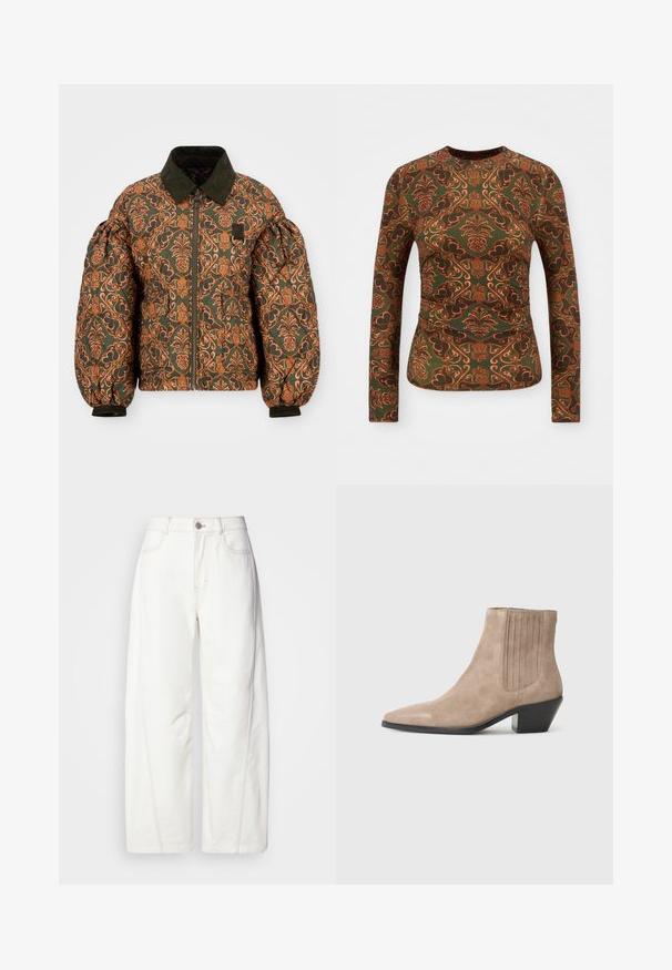 Pufferjack met een groene basis en een ingewikkeld oranje bloemmotief. Heeft een corduroy kraag, een ritssluiting aan de voorkant en een cinched mouwen.; Langshemd in groene stof met een bloem- en paisleypatroon in tinten oranje en bruin. Ronde hals, aansluitend ontwerp.; Witte wijde jeans van denim met zichtbare stiksels. Voorzien van een knoopsluiting en een lichte textuur. Voorzakken.; Beige suède enkellaars met een spitse neus en een gevormde hak, met verticale stiksels aan de zijkanten.
