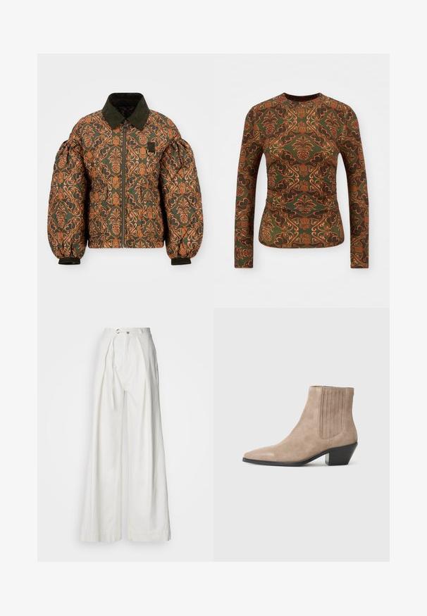 Πουφάκι με πράσινη βάση και περίπλοκο πορτοκαλί floral σχέδιο. Διαθέτει κοτλέ γιακά, φερμουάρ μπροστά και σφιγμένα μανίκια.; Μακρυμάνικο μπλουζάκι από πράσινο ύφασμα με λουλουδάτο και παστέλ σχέδιο σε αποχρώσεις πορτοκαλί και καφέ. Στρογγυλή λαιμόκοψη, εφαρμοστή σχεδίαση.; Λευκά παντελόνια με φαρδιά καμπάνα φτιαγμένα από ελαφρύ ύφασμα. Διαθέτουν ζώνη μπροστά με βρόχο, μακριά ζώνη δέσμευσης και διακριτικές πιέτες για άνετη εφαρμογή.; Μπεζ σουέτ ankle boot με μυτερή μύτη και διαμορφωμένο τακούνι, με κάθετες ραφές στα πλάγια.