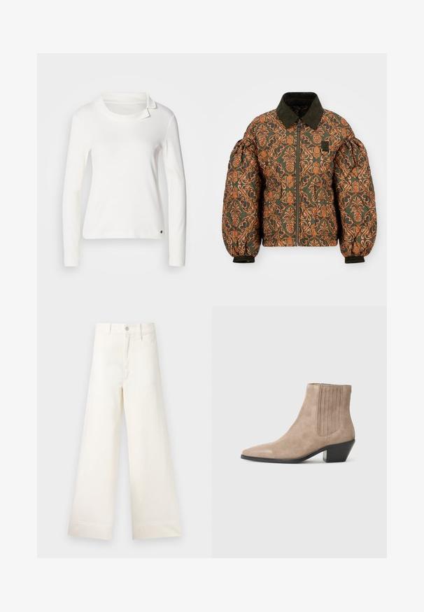 Kurtka puchowa z zielonym tłem i misternym pomarańczowym wzorem kwiatowym. Posiada kołnierz żakardowy, zamek z przodu i ściągane rękawy.; Biała bluzka z długim rękawem z okrągłym dekoltem i złożonym detalem kołnierza. Wykonana z miękkiego materiału o gładkiej fakturze. Mały akcent z logo na dole.; Szerokie spodnie w jasnym beżowym kolorze wykonane z bawełny. Charakteryzują się wysokim stanem, kieszeniami z przodu oraz prostym krojem. Czyste wykończenie brzegów bez wzorów.; Beżowe zamszowe botki do kostki z wąskim noskiem i formowanym obcasem, z pionowymi przeszyciami po bokach.