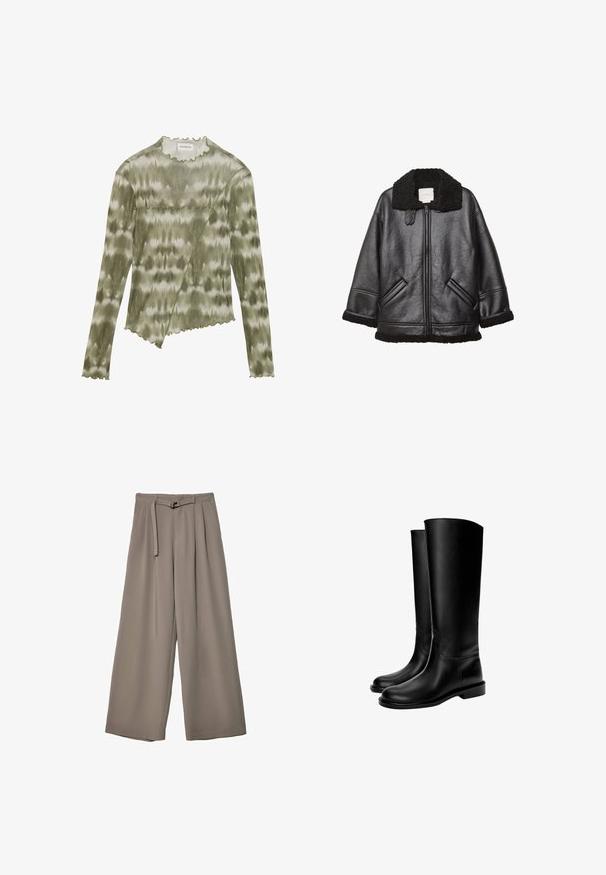 Črna usnjena jakna z strukturiranim črnim ovčjim krznom, zadrgo, stranskimi žepi in sproščenim krojem. Mehka notranja podloga.; Dolga majica z dolgimi rokavi v zelenem tie-dyeu s poudarjeno okroglem izrezom in robom. Ima poševno šivno linijo s teksturiranimi detajli iz mehkega in lahkega materiala.; Široke hlače iz mehke, umirjene sive tkanine, z pasom, ki ga je mogoče zavezati, in z gubami za dodatne oblikovne podrobnosti. Gladka tekstura, brez vzorcev.; Črne usnjene škornje do kolen z gladko teksturo, zaobljenim prstom, ravnim podplatom in minimalističnim dizajnom, ki vsebuje šivane šive in brez vidne opreme.