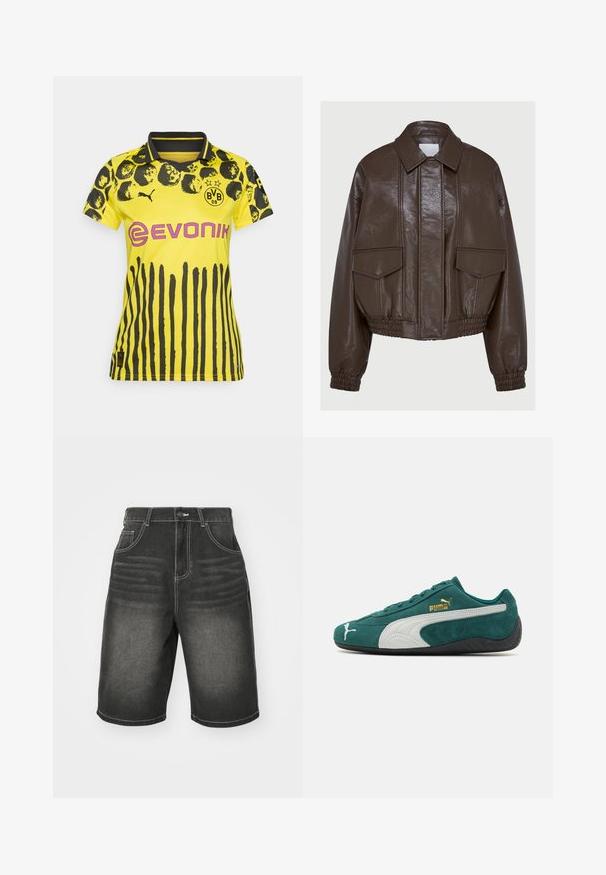 Brūns mākslīgās ādas īss mētelis ar apkakles kaklu, elastīgām piedurknēm, divām priekšējām kabatām un dekoratīviem šuvēm.; Pelēks divrindas kapuce, izgatavots no mīksta kokvilnas maisījuma, ar kapuci, kangaroo kabatām un ribotām aprocēm. Brīva, pārāk lielā izmēra piegriezums.; Dzeltena sporta krekls ar melnu dzīvnieku rakstu un vertikālām svītrām. Iekļauj apkakli, Puma logo un Evonik zīmolu rozā krāsā.; Melni denima šorti ar baltām šuvēm, ar priekšējiem kabatām un relaksētu piegriezumu, ar vieglu nolietojumu tuvumā jostasvietai.; Zaļi zamša sporta apavi ar baltām un pelēkām akcentiem, teksturēta virsma, plakana gumijas zole un zelta logo dekorācijas sānos.