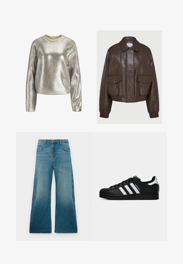 Barna műbőr cropped dzseki, galléros nyakkal, rugalmas mandzsettákkal, két elülső zsebbel és díszítő varrási részletekkel.; Fémes ezüst pulóver, texturált kötött dizájnnal, kerek nyakkal és bordázott mandzsettával. Könnyű és enyhén oversized szabású.; Magas derékú kék farmernadrág, bő szárakkal, elülső zsebekkel, gombos záródással és a deréktól a szegélyig fokozatosan elhalványuló színátmenettel.; Fekete Adidas Superstar sportcipő fehér csíkokkal, kagyló orral és "Superstar" felirattal az oldalán, oldalról bemutatva, fehér háttér előtt.