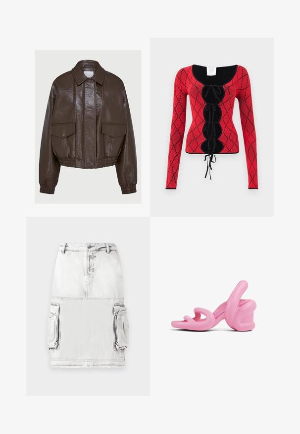 Veste cropped en simili cuir marron avec un col, des poignets élastiques, deux poches avant et des détails de couture décoratifs.; Haut à manches longues en tricot rouge avec un motif en losanges, des accents noirs, un col rond et un détail à lacets à l'avant avec des liens.; Jupe en denim gris clair avec une taille haute, des boutons à l'avant et deux poches cargo sur les côtés. Texture de tissu légèrement déchirée.; Sandales à talons hauts sculpturales roses avec un design ondulé et un talon épais, en plastique lisse avec des découpes au niveau des orteils.