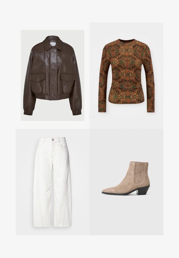 Braune Kunstleder-Cropped-Jacke mit Kragen, elastischen Bündchen, zwei vorderen Taschen und dekorativen Steppnähten.; Langärmliges Oberteil aus grünem Stoff mit einem Blumen- und Paisleymuster in Orange- und Brauntönen. Rundhalsausschnitt, figurbetontes Design.; Weiße weite Jeans aus Denim mit sichtbaren Nähten. Verfügt über einen Knopfverschluss und eine leichte Textur. Taschen auf der Vorderseite.; Beige Wildleder Stiefelette mit spitzer Zehenform und geformtem Absatz, versehen mit vertikalen Nahtakzenten an den Seiten.