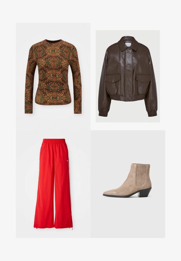 Barna műbőr cropped dzseki, galléros nyakkal, rugalmas mandzsettákkal, két elülső zsebbel és díszítő varrási részletekkel.; Zöld anyagú, hosszú ujjú felső, narancs és barna színárnyalatú virág- és paisley mintával. Kerek nyakú, testhezálló kialakítás.; Piros, bő szárú nadrág könnyű anyagból, rugalmas derékkal, oldalsó zsebekkel és egy diszkrét logóval az oldalon.; Beige velúr bokacsizma hegyes orral és formázott sarkal, oldalán függőleges varrási díszítéssel.