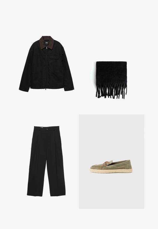 Zwarte zip-up jack met bruine kraag, twee grote voorzakken, een ritssluiting en een klein borstzakje met een klep.; Korte mouwen zwarte overhemd met knopen, gemaakt van een zachte stof, met een opgevouwen kraag en een ontspannen pasvorm. Voorzien van vijf knopen aan de voorkant en zonder patronen.; Zwarte wijde broek gemaakt van gladde stof, met een platte tailleband, voorplooien en een enkele knoopsluiting.; Groene suède espadrille instap met een geweven jute zool, voorzien van een ronde neus en een bruine vetersluiting op de bovenkant.; Zwarte sjaal met franjes, gemaakt van een zacht, wolachtig materiaal. Kenmerkt zich door lange, ongelijkmatige franjes langs de onderrand. Rechthoekige vorm.