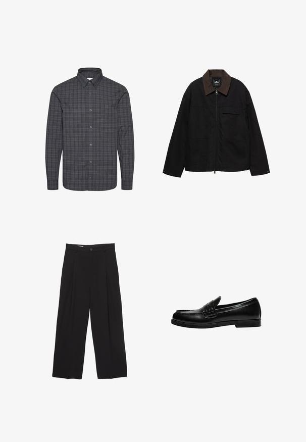 Zwarte zip-up jack met bruine kraag, twee grote voorzakken, een ritssluiting en een klein borstzakje met een klep.; Langsleeve button-up shirt in donkergrijze stof met een klein ruitpatroon in lichtgrijs en wit. Bevat een klassieke kraag en knoopsluiting.; Zwarte wijde broek gemaakt van gladde stof, met een platte tailleband, voorplooien en een enkele knoopsluiting.; Zwarte leren loafers met een gladde afwerking, voorzien van stiksel op de voorkant en een lage, stevige zwarte rubberen zool.