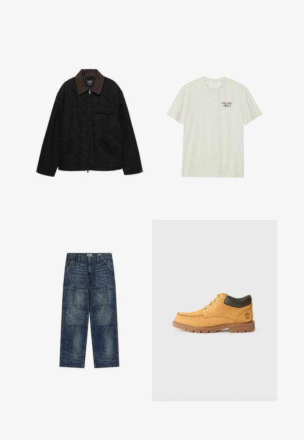 Giacca nera con zip e colletto marrone, due ampie tasche frontali, chiusura a zip e una piccola tasca sul petto con pattina.; T-shirt in cotone crema chiaro con maniche corte. Presenta una piccola grafica blu e rossa di un marlin e il testo "MARLIN TROPHY".; Pantaloni cargo in denim blu scuro, con molteplici tasche frontali e laterali, una vestibilità comoda, cuciture in vista e una finitura leggermente usurata.; Scarpa in pelle gialla con suola in gomma marrone, punta rotonda e dettaglio in pelle verde alla caviglia. Presenta occhielli dorati e dettagli di cucitura.