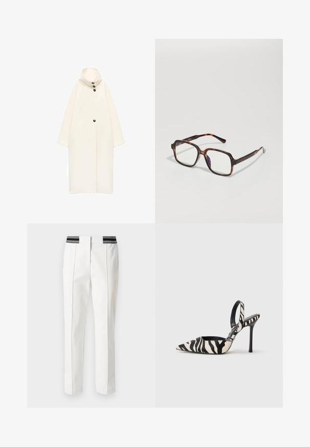 Lang, oversized cremet farvet frakke med høj krave, knaplukning foran og korte ærmer. Fremstillet af blødt, struktureret stof. Simpelt design.; Hvid crewneck langærmet sweater med ribbede manchetter og kant, der har en blød, let fuzzy tekstur.; Marc Cain Bukser - white; Spids-syntetiske slingback hæle i sort og creme zebra-mønster, med en slank høj hæl og åben bagdesign med en sort inderside.; Skildpaddebriller med firkantede rammer, klare linser og slanke stænger med en diskret logodetalje. Mat og blank finish.; Anna Field LEATHER - Handsker - black