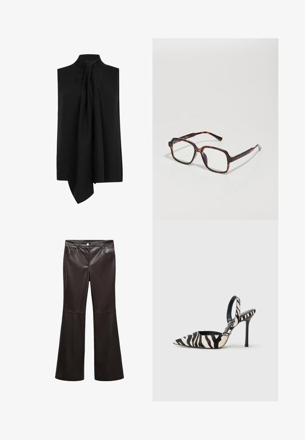 Cappotto lungo e oversize di colore crema, con colletto alto, chiusura frontale con bottoni e maniche corte. Realizzato in tessuto morbido e testurizzato. Design semplice.; Top senza maniche nero realizzato in tessuto morbido, con collo alto e dettaglio drappeggiato con nodo nella parte anteriore, caratterizzato da una forma rilassata e linee pulite.; Pantaloni neri a zampa d'elefante in morbida ecopelle, dotati di tasche frontali, chiusura con zip e bottone argentato. Dettagli di cucitura accentuati.; Tacco slingback con punta affusolata in stampa zebras nera e crema, con un tacco alto sottile e design aperto sul retro con interno nero.; Occhiali da sole tartarugati con montatura quadrata, lenti trasparenti e tempie sottili con un delicato dettaglio del logo. Finitura opaca e lucida.; Anna Field LEATHER - Guanti - black