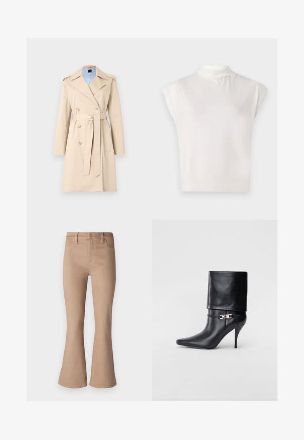 BOSS Trenchcoat - open beige; Weißes ärmelloses Rollkragenoberteil aus weicher Stoffqualität, mit strukturiertem Design, glatter Textur und subtilen Rippdetails am Saum.; Beige, aus Denim gefertigte, ausgestellte Jeans mit glatter Textur, Fronttaschen, Reißverschluss und Akzenten aus goldfarbenen Knöpfen und Nieten.; Schwarze Leder-Ankle-Boots mit spitzer Zehenpartie, hohen Stiletto-Absätzen, umgeschlagenem Schaft und einem goldenen dekorativen Schnallen-Detail an der Knöchel.