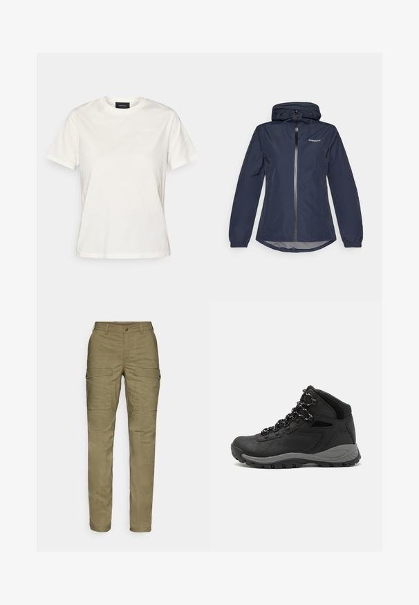Námornícky modrá nepremokavá bunda so zipsom vpredu, nastaviteľnou kapucňou, elastickými manžetami a zaobleným lemom. Obsahuje logo na ľavej hrudi.; Biela bavlnená tričko s krátkymi rukávmi, okrúhlym výstrihom a jemným detailom loga na prednej strane. Mäkko, voľný strih.; Khaki cargo nohavice vyrobené z odolného materiálu; majú široké bočné vrecká, zapínanie na gombík, pevné švy a rovný strih.; Čierna turistická obuv s polovičným strihom, s textúrovaným zvrškom, šedými akcentmi a odolnou gumovou podrážkou s protišmykovými hrebienkami.