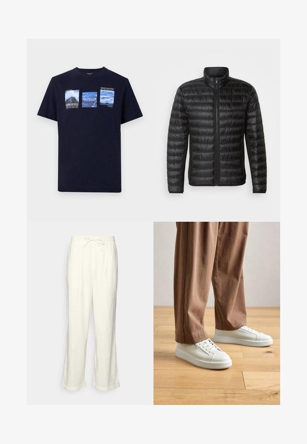 Must must jacket, mille lukuga, kõrge kaelusega ja horisontaalsete õmblustest. Omab küljetaskuid ja siledat, läikivat tekstuuri.; Tumed sinine T-särk, mis on valmistatud tekstureeritud kangast, sisaldab nelja prinditud pilti maastiku teemadel ja valget teksti, ümmargune kaelus, lühikesed varrukad.; Lina püksid tühjas valges, millel on paelaga vöökoht, veidi laiemad sääred ja keeratud varrud mugavaks istumiseks. Taskud puuduvad.; Isik, kes kannab valgeid tekstuurne madalaid sneakers'eid ja lõdvaid pruune pükse, seisab heleda puidust põranda peal.