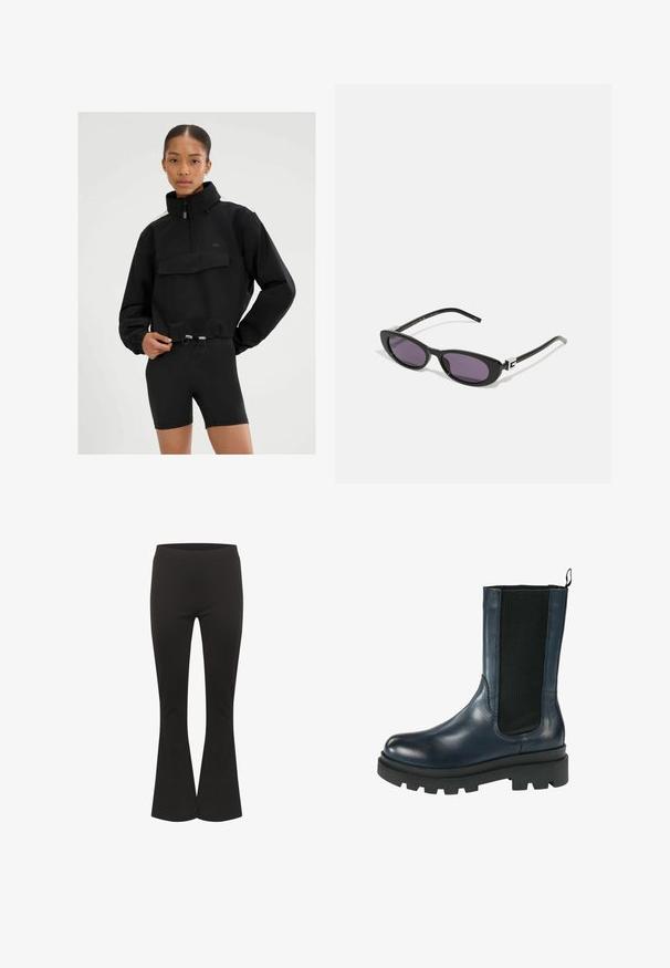 Black pullover jacket with high collar and front pocket, featuring adjustable drawstrings at the waist. Material appears lightweight and smooth.; Black cotton t-shirt with short sleeves, crew neckline, and subtle logo detail on the chest. Smooth texture, classic fit.; Black flared pants with a fitted waist and smooth fabric, shown upright against a white background.; Chelsea ankle boot made of navy blue leather with elastic side panels and a textured black fabric. Thick, rugged black sole.; Gucci Sunglasses - black/grey