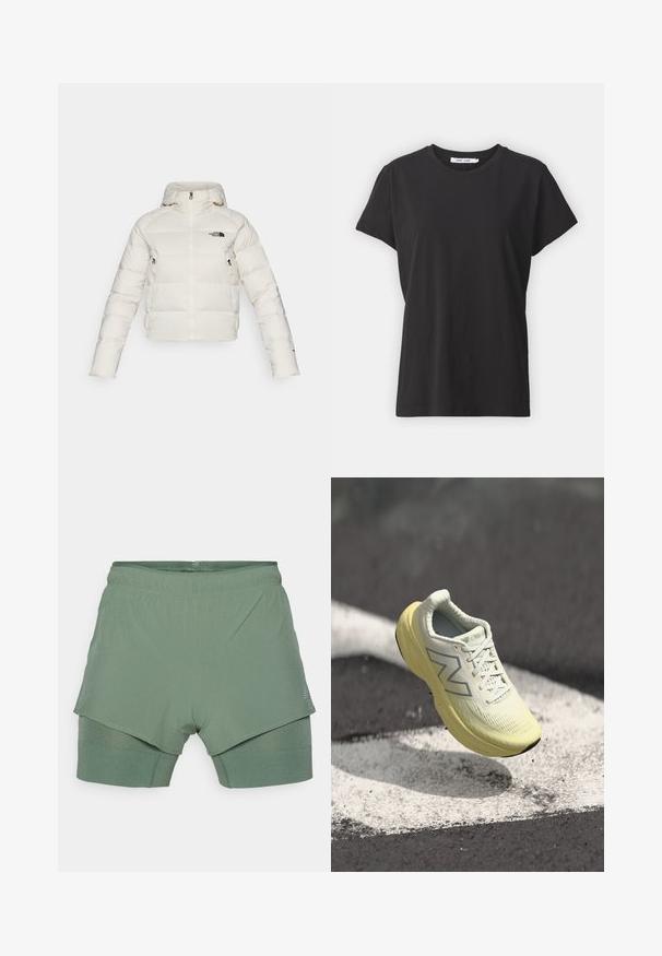 Balts pūkainais jakas ar kapuci, ar rāvējslēdzēja priekšpusi un sānu kabatām. Audums ir gluds ar šūtu rakstu.; Melna kokvilnas T-kreklā ar klasisku apaļu kaklu, īsām piedurknēm un brīvu piegriezumu. Gluda tekstūra, nav redzamu rakstu vai akcentu.; Gaiši zaļi sporta šorti ar divkāršu slāņu dizainu; augšējais slānis ir perforēts, bet iekšējais slānis ir pielāgots ar ribotu tekstūru.; Gaiši dzelteni skriešanas apavi ar faktūrētu virsu, saitēm un mīkstu zoli. Iespējams sudraba logo sānos un elegants dizains.