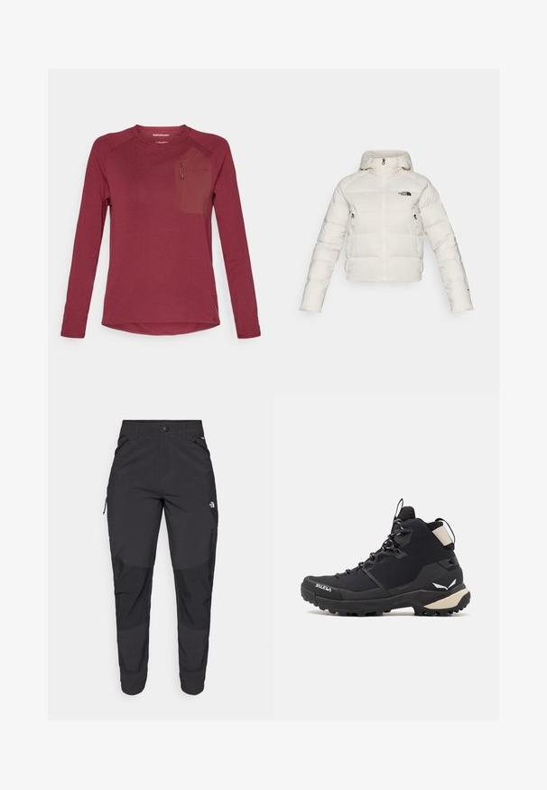 Valkoinen pussitakki hupulla, jossa on vetoketjukiinnitys edessä ja sivutaskut. Kangas on sileä tekstuuri ja siinä on ommeltu kuvio.; Pitkähiha, marjapuuronvärinen paita, joka on valmistettu täyteläisestä kankaasta. Varustettu rintataskulla, jossa on pieni vetoketju ja logoyksityiskohta. Pyöristetty helma.; Mustat ulkona käytettävät housut, jotka on valmistettu kestävästä kankaasta. Ominaisuuksiin kuuluvat vetoketjulliset taskut, vahvistetut polvilevyt ja suora leikkaus, joka mahdollistaa liikkuvuuden.; Salewa PUEZ MID PTX - Vaelluskengät - black