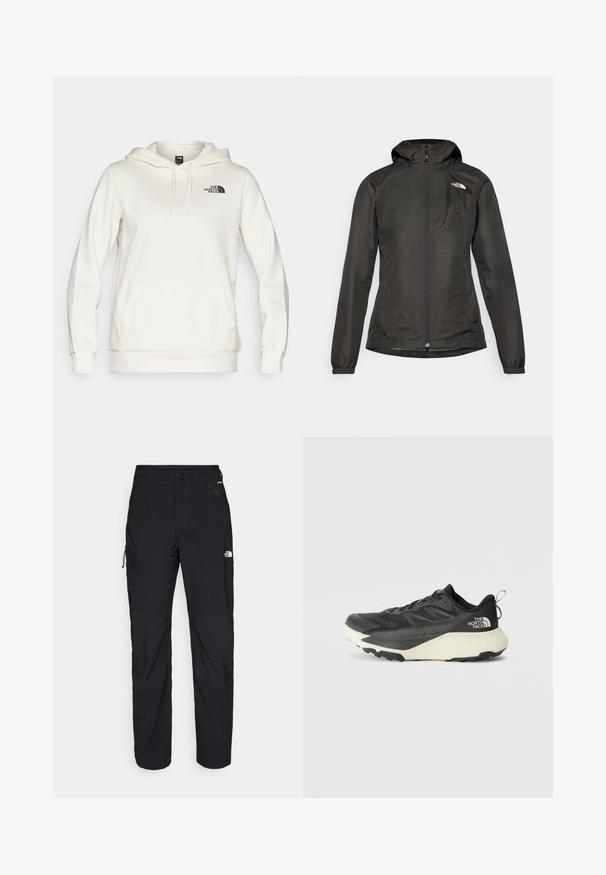 Must must vest, millede, tõmblukuga ees, elastsete mansettidega ja väike logo vasakul rinnaülemisel. Sile, veekindel kangas.; The North Face SIMPLE DOME HOODIE - Kapuutsiga pusa - white dune; Mustalased välispüksid regulaarse lõikega, valmistatud kergest materjalist. Omadusteks on tõmblukud, taskud ja tugevdatud põlved vastupidavuse tagamiseks.; Musty mustusjalats musta pealisega, millel on tekstuur, hallid aktsendid ja valge vaheosa. Sisaldab tõmbeosa ning silmapaistvat brändi logo kandadel.