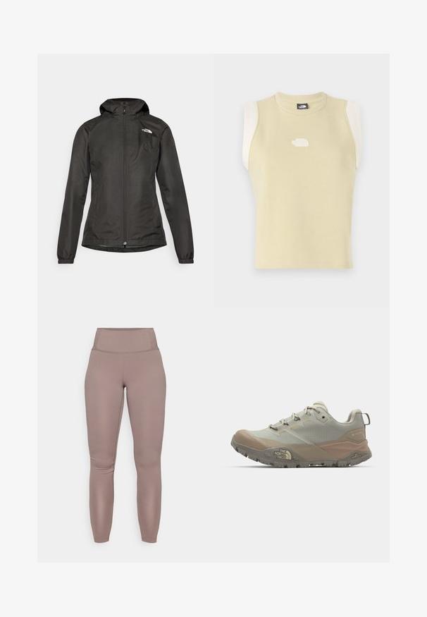 Fekete széldzseki kapucnival, zipzárral az elülső részen, rugalmas mandzsettákkal és egy kis logóval a bal felső mellen. Simaságú, vízálló anyag.; Ujjatlan, pasztell sárga pamut felső, lekerekített nyakkal. Kontrasztos krém színű vállpanelekkel és texturált logóval a mellkasán.; Magas derekú, testhezálló leggings egy egyszínű taupe színben, sima, rugalmas anyaggal és letisztult, varrás nélküli dizájnnal.; Világosszürke sportcipő bézs kiegészítőkkel, szintetikus anyagból készült. Jellemzője a strapabíró talp, fűzős kialakítás, és a logó az oldalon.