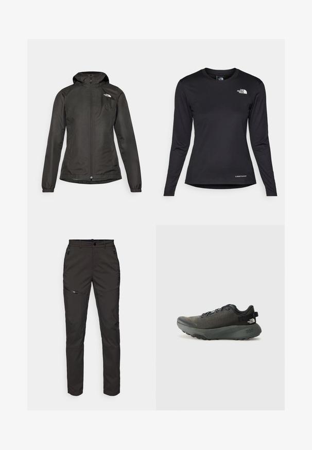Giubbotto a vento nero con cappuccio, chiusura frontale con zip, polsini elasticizzati e un piccolo logo sulla parte superiore sinistra del petto. Tessuto liscio e resistente all'acqua.; The North Face SHADOW LONG SLEEVE - Maglietta a manica lunga - black; ODLO PANTS REGULAR LENGTH ASCENT LIGHT - Pantaloni outdoor - black; Scarpa sportiva grigio scuro con tomaia in tessuto testurizzato, lacci piatti, punta rinforzata e suola spessa e robusta per trazione. 300 impressa sul tallone.