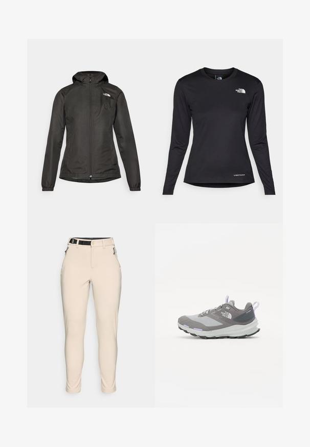 Schwarze Windbreaker-Jacke mit Kapuze, Reißverschluss vorne, elastischen Bündchen und einem kleinen Logo auf der oberen linken Brust. Glattes, wasserabweisendes Material.; The North Face SHADOW LONG SLEEVE - Langarmshirt - black; Beige, taillierte Hose aus strukturiertem Material. Verfügt über einen schwarzen, verstellbaren Bund und seitliche Reißverschlusstaschen.; Grau laufschuh aus Mesh- und synthetischen Materialien, mit lila Akzenten, einer strukturierten Sohle und einer Zuglasche an der Ferse für ein einfaches Anziehen.