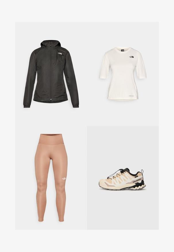 Giubbotto a vento nero con cappuccio, chiusura frontale con zip, polsini elasticizzati e un piccolo logo sulla parte superiore sinistra del petto. Tessuto liscio e resistente all'acqua.; The North Face SHADOW SHORT SLEEVE  - T-Shirt sport - white dune; Leggings a vita alta, aderenti, di colore marrone chiaro. Realizzati in un materiale liscio e elastico con un logo bianco sulla coscia sinistra.; Scarpa da trail running Salomon in beige con accenti neri, dotata di tomaia in rete, sistema di allacciatura rapida e suola robusta per trazione.