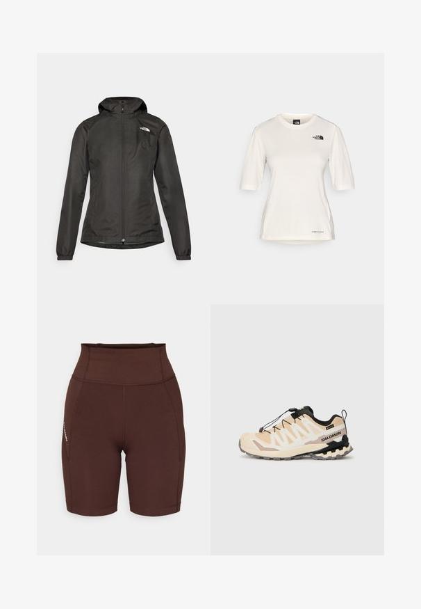 Chaqueta cortaviento negra con capucha, cierre de cremallera en el frente, puños elásticos y un pequeño logo en la parte superior izquierda del pecho. Tela suave y resistente al agua.; The North Face SHADOW SHORT SLEEVE  - Camiseta deportiva - white dune; Salomon SHKOUT BLISS - Leggings - coffee bean; Zapatilla de trail running Salomon en color beige con acentos en negro, que cuenta con una parte superior de malla, sistema de cordones rápido y suela resistente para tracción.