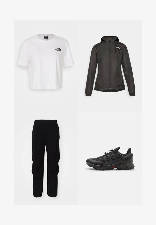 Black windbreaker jacket with a hood, zip front, elastic cuffs, and a small logo on the upper left chest. Smooth, water-resistant fabric.; White cropped t-shirt made of cotton with a round neckline and short sleeves. Features a black logo on the left chest.; Black outdoor pants made from durable material, featuring a relaxed fit, elastic waistband, and cinched cuffs for adjustable length.; Black athletic shoes with a textured upper, featuring a secure lace system, a cushioned sole, and a prominent red accent on the side.