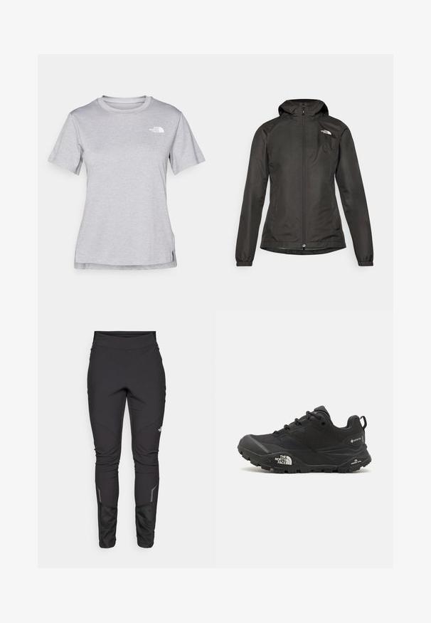 Chaqueta cortaviento negra con capucha, cierre de cremallera en el frente, puños elásticos y un pequeño logo en la parte superior izquierda del pecho. Tela suave y resistente al agua.; Camiseta gris de manga corta hecha de una suave tela que absorbe la humedad. Presenta un cuello redondo y un pequeño logotipo blanco en la parte superior izquierda.; Pantalones negros de exterior con un diseño ajustado, tejido duradero, acentos reflectantes y costuras en panel para mejorar la movilidad y la comodidad.; Zapatilla de senderismo negra con parte superior texturizada, cierre de cordones y una suela de goma gruesa que presenta un logotipo prominente en el lado y patrones de tracción.
