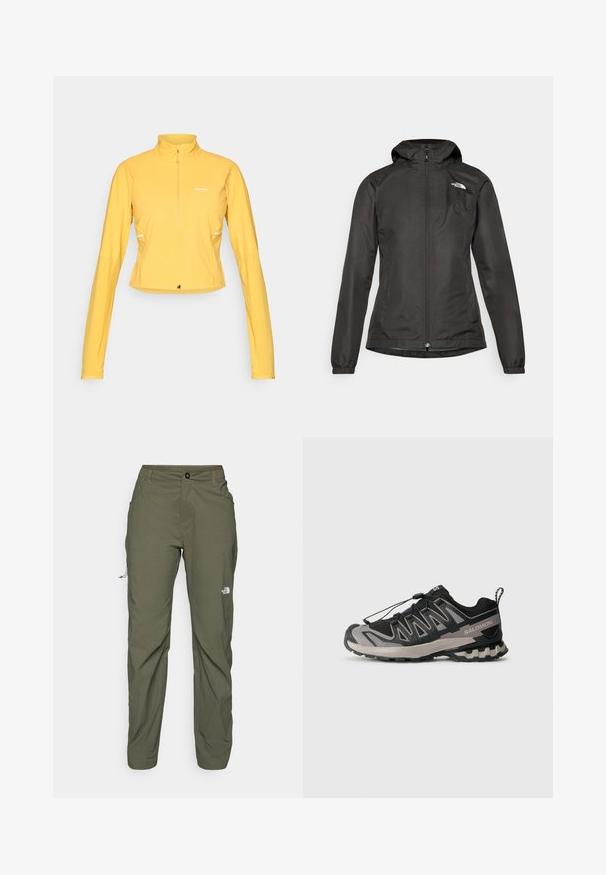 Giubbotto a vento nero con cappuccio, chiusura frontale con zip, polsini elasticizzati e un piccolo logo sulla parte superiore sinistra del petto. Tessuto liscio e resistente all'acqua.; Maglietta sportiva giallo a maniche lunghe con colletto a mezza zip, vestibilità slim, tessuto leggero e dettaglio del logo sul petto.; The North Face EXPLORATION PANTS - Pantaloni outdoor - new taupe green; Scarpa sportiva nera e grigia con tomaia in rete, suola in gomma e sistema di lacci elastici. Presenta una punta rinforzata e dettagli testurizzati.