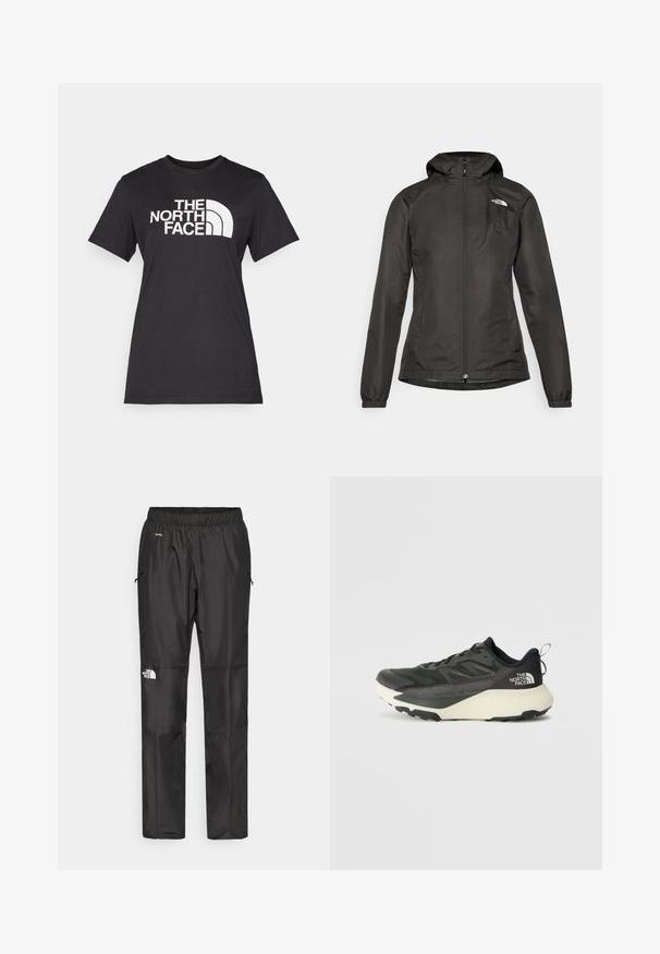 Svart vindtett jakke med hette, glidelås foran, elastiske mansjetter og en liten logo øverst til venstre på brystet. Glatt, vannavstøtende stoff.; Svart bomull T-skjorte med en stor hvit "THE NORTH FACE" logo og buet akksent. Korte ermer og rund hals, glatt tekstur.; Sorte vanntette bukser laget av lettvektig stoff, med elastisk midjebånd, sidelommer og en logo på venstre ben.; Svart treningssko med teksturert overdel, med grå detaljer og hvit såle. Har en pull tab og fremtredende merkevarelogo på hælen.