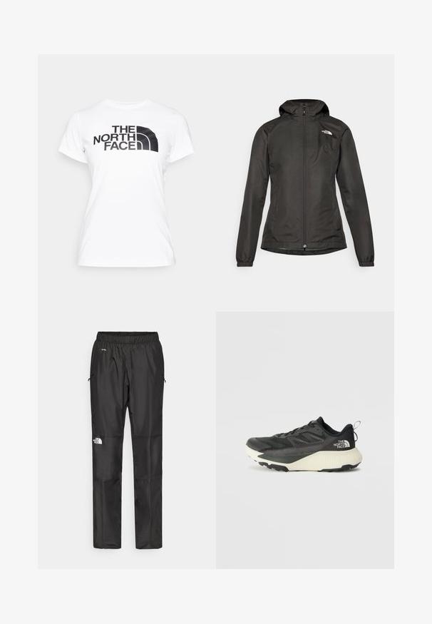 Svart vindtett jakke med hette, glidelås foran, elastiske mansjetter og en liten logo øverst til venstre på brystet. Glatt, vannavstøtende stoff.; Hvit bomull t-skjorte med svart grafisk trykk av "THE NORTH FACE"-logoen foran. Korte ermer og rund hals.; Sorte vanntette bukser laget av lettvektig stoff, med elastisk midjebånd, sidelommer og en logo på venstre ben.; Svart treningssko med teksturert overdel, med grå detaljer og hvit såle. Har en pull tab og fremtredende merkevarelogo på hælen.