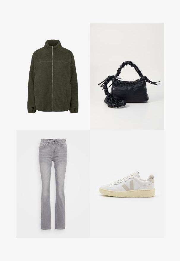 Chaqueta de forro polar en verde oscuro con un cuello alto, cremallera frontal completa, bolsillos laterales y orificios para los pulgares. Textura suave con un corte relajado.; Suéter de punto a rayas en colores gris y beige, con cuello alto, mangas anchas con puños, y un corte relajado con un diseño recortado.; Vaqueros de mezclilla gris con un diseño acampanado, que presentan un estilo clásico de cinco bolsillos y un cierre de botón. Tejido texturizado con un ligero desvanecimiento.; Zapatilla de piel blanca con acentos de ante beige, caja de puntera perforada, cordones planos y suela texturizada en color crema. Cuenta con un branding sutil en el talón.; Bolso de mano de imitación cuero negro con textura de cocodrilo, parte superior fruncida y correa arrugada. Presenta un diseño suave y compacto.