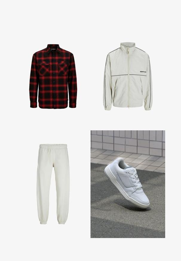 Lagani krem kaput s visokim ovratnikom, prednjim zatvaračem i crnim bočnim trakama; ima elastične manžete i skroman logo sprijeda.; Crvena i crna flanelna košulja s kariranim uzorkom, s dva džepa na prsima, dugmadi s prednje strane i ovratnikom. Izrađena od mekanog, teksturiranog materijala.; Bijele trenirke napravljene od mekanog materijala, s elastikom u struku i na manžetama, glatke teksture i labavog kroja.; Bijele kožne tenisice s perforiranim bočnim dijelovima, teksturiranim akcentima, ravnim vezicama i kontrastnim sivim petom. Imaju blago povišenu potplat.