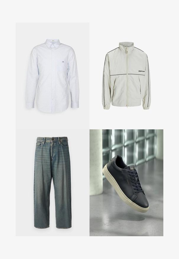 Könnyű krém színű dzseki magas gallérral, elöl cipzárral és fekete oldalsávokkal; rugalmas mandzsettákkal és egy szerény logóval az elején.; Világoskék kockás ing hosszú ujjakkal, gallérral és kis logóval a mellrészen. Pamutból készült, sima tapintású.; Világoskék farmernadrág, laza fazonnal, közepes derékbőséggel és egyenes szárral. Öt zsebet, övbucskát és gombos záródást tartalmaz.; Tengerészeti bőr sportcipő lekerekített orral, lapos fűzőkkel és textúrázott talppal; a nyelvén logó található, amelyet egy krémszínű talp kontrasztál.