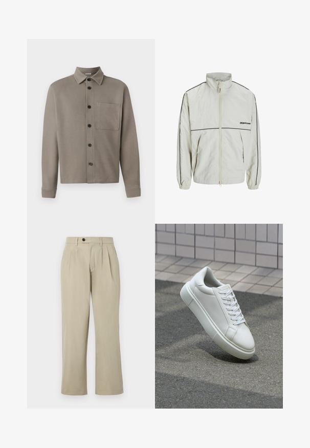 Veste crème légère avec un col montant, fermeture éclair sur le devant et bandes noires sur le côté ; elle comporte des poignets élastiques et un logo discret à l'avant.; Chemise à boutons grise clair en tissu doux ; dotée d'un col pointu, de manches longues et d'une poche poitrine. Des boutons noirs ornent l'avant.; Un pantalon beige à coupe décontractée, avec des plis, une fermeture à bouton, des poches latérales et des jambes droites. Texture de tissu lisse.; Baskets en cuir blanc avec une surface lisse, bout rond et lacets plats blancs. Présentent une semelle en caoutchouc texturée et des éléments de design minimalistes.