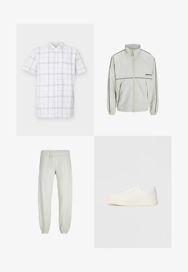 Viegls krēms krējuma žakete ar augstu apkakli, priekšējo rāvējslēdzēju un melnām sānu svītrām; ar elastīgiem aprocēm un pieticīgu logo uz priekšpuses.; Īsu piedurkņu pogājama krekls baltā audumā ar melnu režģa rakstu; iekļauj apkakli, kabatas uzlīmi un teksturētu virsmu.; Baltas treniņbikses, izgatavotas no mīkstas auduma, ar elastīgu jostu un piedurknēm, gluda tekstūra un brīva piegriezuma dizains.; Baltas slip-on sporta apavi ar teksturētu virsmu, biezu zoli un minimālistisku dizainu. Sānos redzams zīmola logotips.