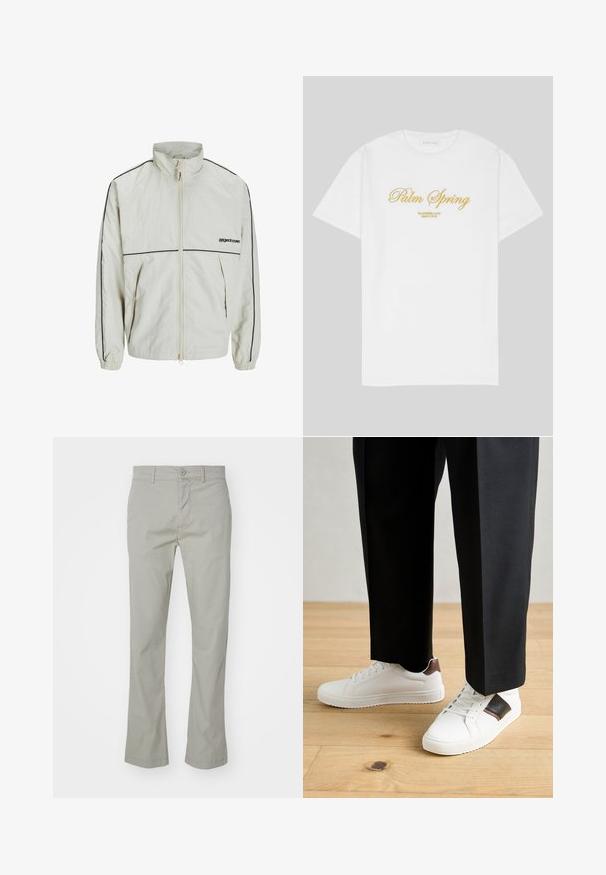 Könnyű krém színű dzseki magas gallérral, elöl cipzárral és fekete oldalsávokkal; rugalmas mandzsettákkal és egy szerény logóval az elején.; Fehér pamut póló, arany szöveggel, amely így szól: "Palm Spring", alatta pedig a "California Love Eighty Five" felirat található, laza fazonnal és kerek nyakkivágással.; Világosszürke pamut chino nadrág, egyenes lábú fazonnal, cipzáras és gombos zárással, valamint elülső zsebekkel. Simasága a hemzsgő szélek miatt érezhető.; Fehér sneaker, sima textúrával, barna bőr díszítéssel és fekete részletekkel, fekete szabott nadrággal párosítva. Fából készült padló háttér.