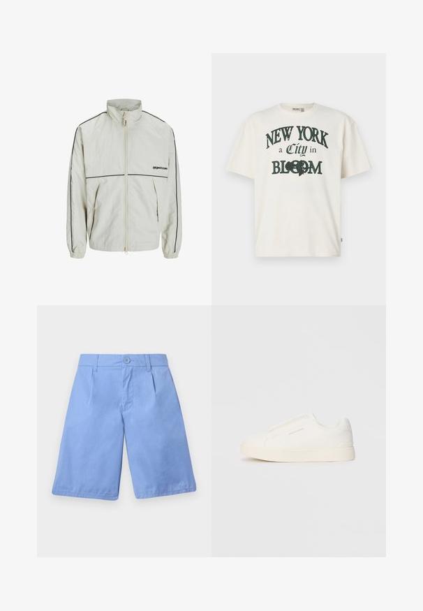 Leichte Cream-Jacke mit hohem Kragen, Frontreißverschluss und schwarzen Seitenstreifen; verfügt über elastische Bündchen und ein dezentes Logo auf der Vorderseite.; Krämfarbendes Baumwoll-T-Shirt mit kurzen Ärmeln, das ein gedrucktes Design mit der Aufschrift "NEW YORK eine Stadt im BLÜHEN" in dunkelgrün zeigt.; Himmelblaue Baumwollshorts mit flachem Frontdesign, zwei seitlichen Taschen und einem einzelnen Knopfverschluss. Sie haben eine glatte Textur und gerade geschnittene Beine.; Weiße Slip-On-Sneaker mit einer strukturierten Oberfläche, dicker Sohle und minimalistischem Design. Mit Logo der Marke an der Seite.