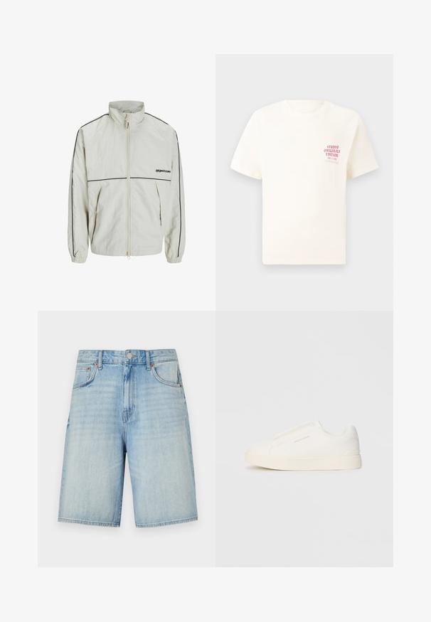 Kerge kreemjas jakk, millel on kõrge krae, ees lukuga ja mustad külgtriibud; varrukatel on elastsed mansetid ja ees on tagasihoidlik logo.; Valge lühikeste varrukatega T-särk, millel on vasakul rinnal punane tekst "Studio Originals Edition", esitatud neutraalsel hallil taustal.; Heledad sinised teksapüksid sirge lõikega, millel on nupuga ja lukuga kinnitamine, viis taskut ning kerge kulumisefekt.; Valged libisemiskindlad tossud tekstuuriga pinnaga, paksu tallaga ja minimalistikus disainis. Küljel on brändi logo.