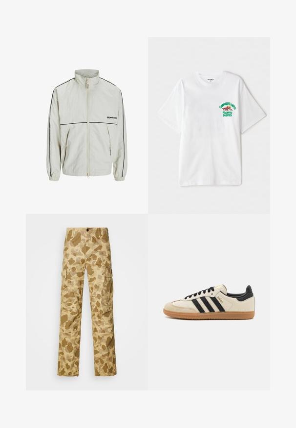 Kevyt kerrospuku korkealla kauluksella, edessä vetoketju ja mustat sivupinnat; varustettu joustavilla hihansuilla ja vaatimattomalla logolla edessä.; Valkoinen puuvillapaita, jossa on vihreä ja punainen graafinen teksti vasemmassa rinnassa, jossa lukee "cashart Who Pronto Subito". Lyhyet hihat.; Beige cargo-housut, joissa on vaalea ruskea kamouflagekuvio, kahdella sivutaskulla ja suoran lahkeiden muotoilulla. Raidoitettu kangas, jossa on hienovaraiset raidat.; Beige urheilukenkä mustilla raidoilla, kumipohjalla ja mustilla yksityiskohdilla. Ominaisuuksiin kuuluu sileä nahkainen päällinen ja pyöristetty kärjen muoto.