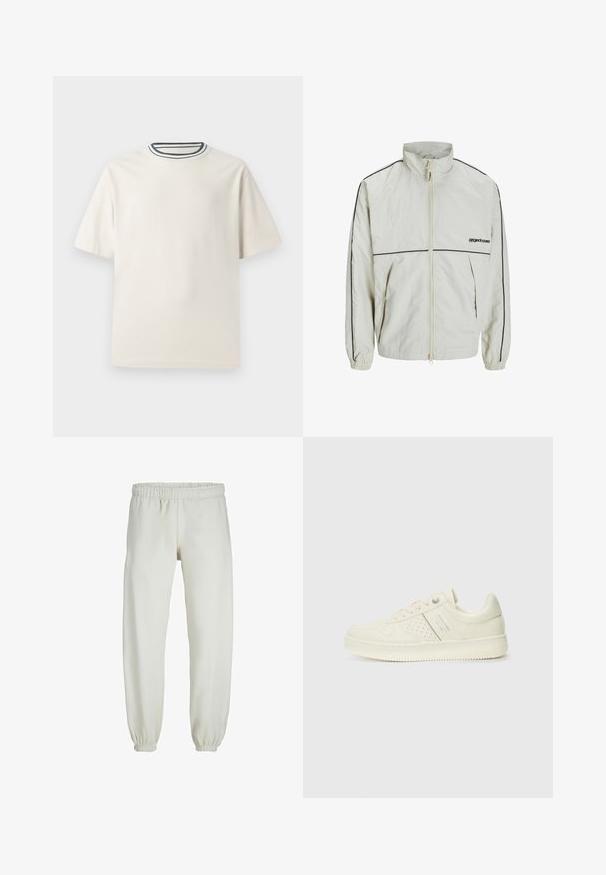 Lagani krem kaput s visokim ovratnikom, prednjim zatvaračem i crnim bočnim trakama; ima elastične manžete i skroman logo sprijeda.; Kremasta pamučna majica s kratkim rukavima, koja ima okrugli izrez naglašen mornarsko plavim i bijelim prugama. Glatka tekstura, ležeran kroj.; Bijele trenirke napravljene od mekanog materijala, s elastikom u struku i na manžetama, glatke teksture i labavog kroja.; Kremasto bijele tenisice s perforiranim detaljima, vezicama i logotipom s bočne strane, prikazane na jednostavnoj bijeloj pozadini.
